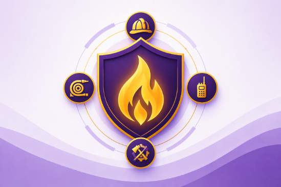 Modern vector illustration for volunteer fire department fundraiser with shield and flame.