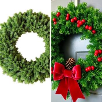 A side-by-side comparison of two holiday wreaths: one plain green wreath and one decorated with red berries and a red velvet bow with a pinecone.