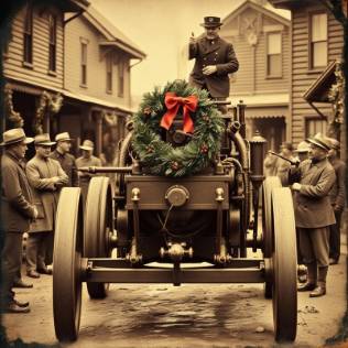 A vintage-style photo of the J.J. Gray hand-pumper fire engine with a festive Christmas wreath hanging on the front. The image has an old, sepia-toned look, evoking the feel of a 19th-century tintype photograph.