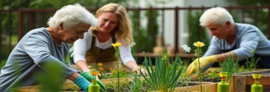 community Cambridge, content seniors, gardening together, photorealistic, community garden, highly detailed, plants and flowers, soft focus, earthy tones, diffused sunlight, shot with a 105mm macro lens.
