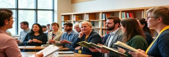 community Cambridge, engaged groups, attending workshop, photorealistic, local library, highly detailed, books and materials, crisp image, neutral colors, well-lit indoor, shot with a 50mm lens.