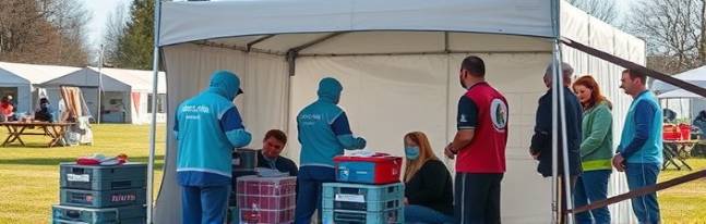 aid Cambridge, resourceful team, setting up medical tent, photorealistic, outdoor event, highly detailed, bustling scene, medical supplies, clear midday light, shot with a 70-200mm lens.