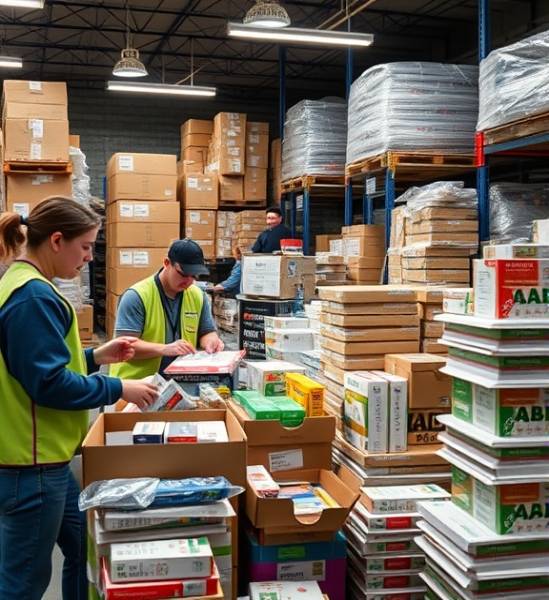aid Cambridge, enthusiastic helpers, organizing donations, photorealistic, warehouse setting, highly detailed, stacks of goods, vibrant image, fluorescent lighting, shot with a 35mm lens.