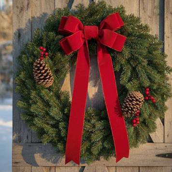 Deluxe 24" Pine Wreath with red ribbon, pinecones, and red berries